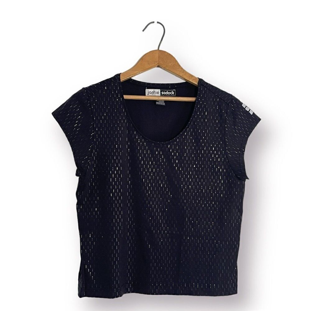 Jamie Sadock Unique Women's Top Round Neck Cap Sleeve Black Shimmer Sz. M